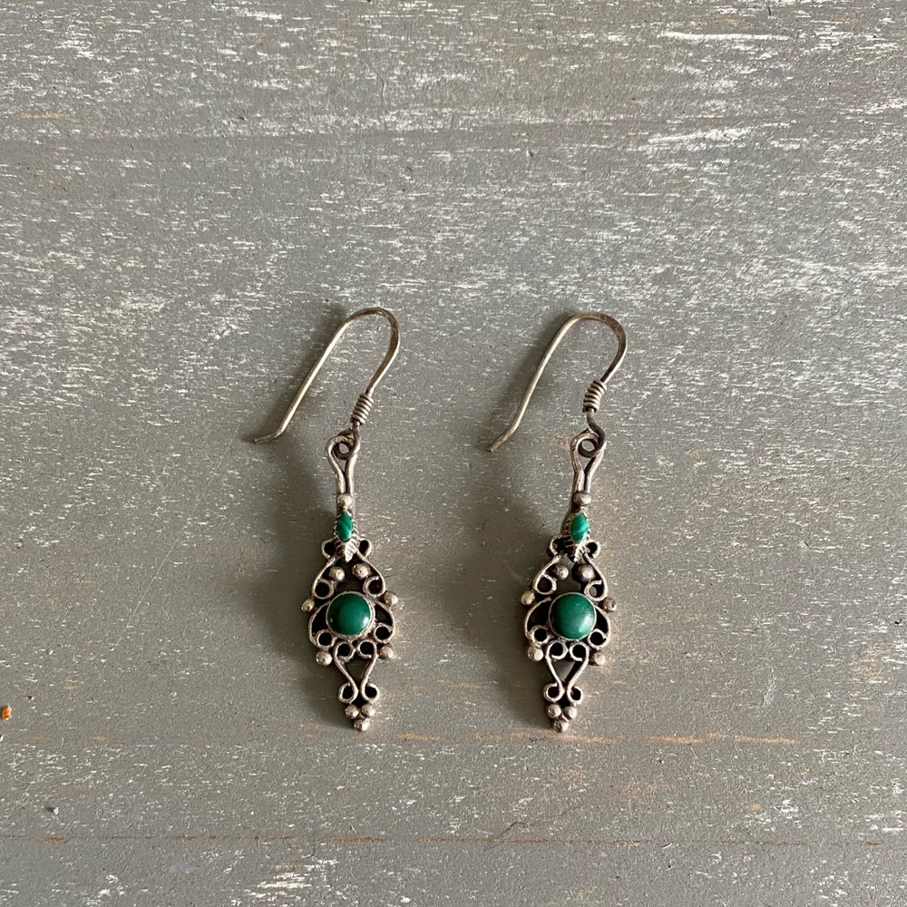 Vintage Silver Dangle Earrings With Green Stone Center